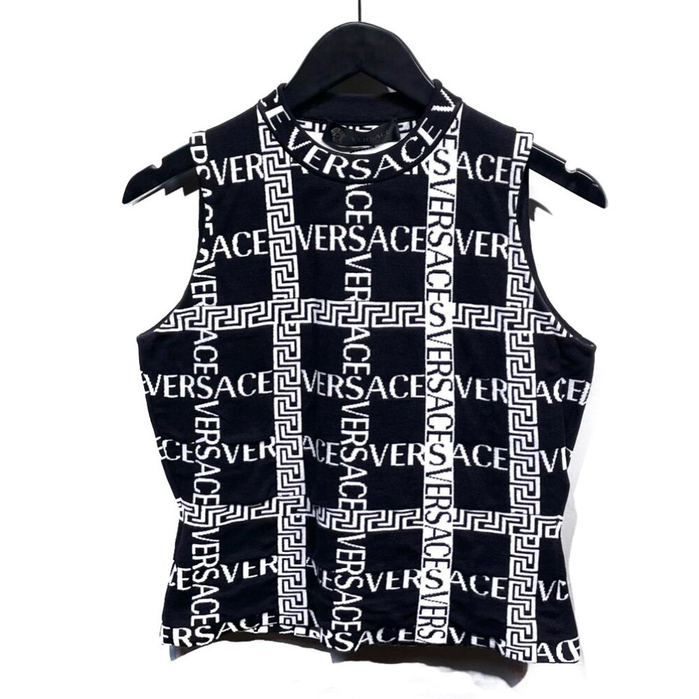 Versace Black White Logo Print Sleeveless Top